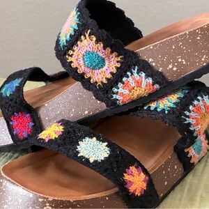 Crochet Embroidered Black Platform Sandals - Multi-Color Accents